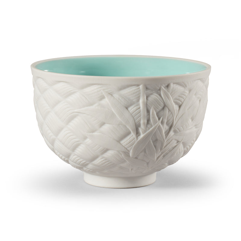 Lladro porcelain tea cup with white embossed leaf relief and teal interior