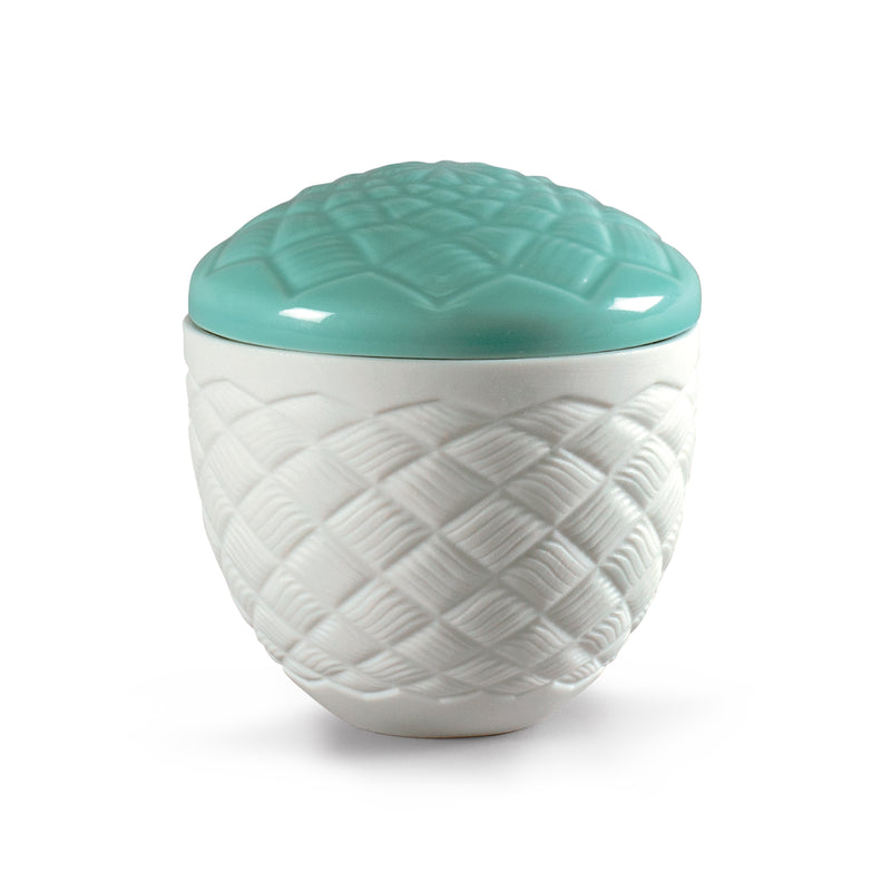 Lladro porcelain tea box with teal dome lid and white woven relief design
