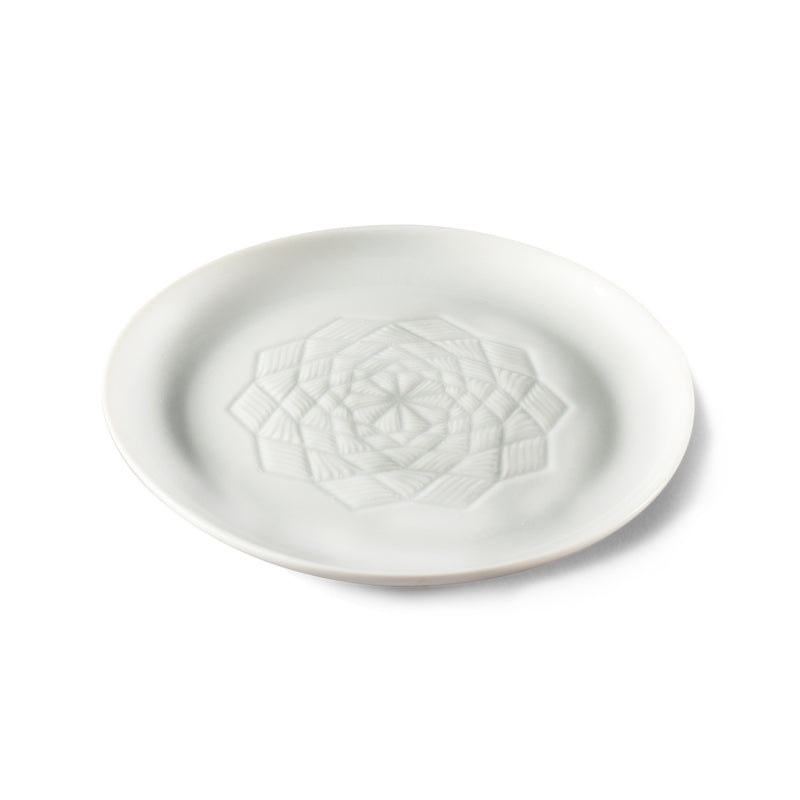 Lladro porcelain chocolate plate, white, with raised medallion relief center