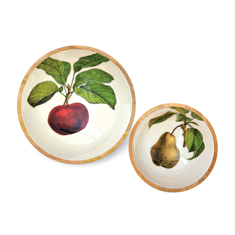 Set of 2 wood salad bowls with apple and pear fruit print, round rim