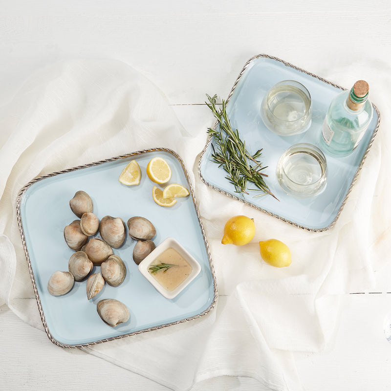 Set of 2 square light-blue enameled trays with twisted silver borders
