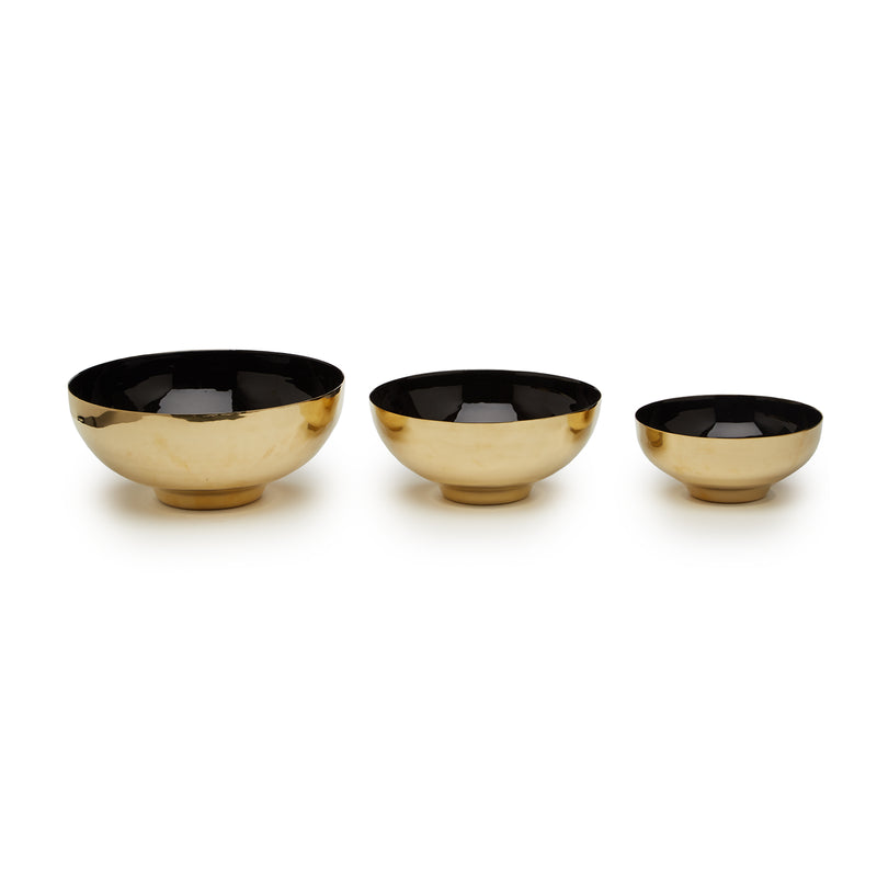 Set of 3 brass lacquer bowls with black inner finish and gold exterior, round