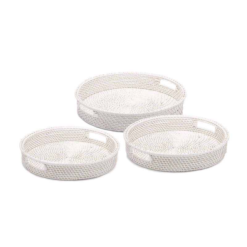 Set of 3 round white woven rattan serving trays with handles
