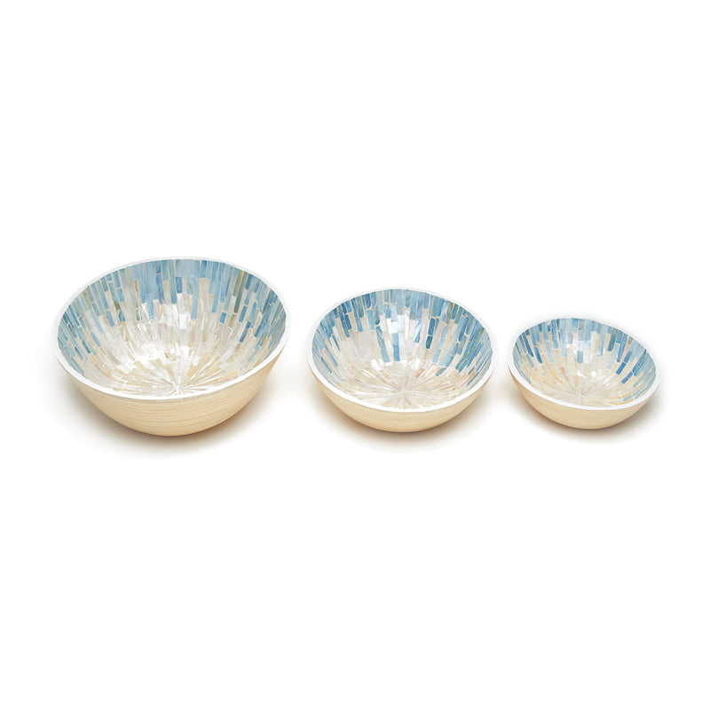 Set of 3 oval lacquered bamboo bowls with blue-and-white mother-of-pearl mosaic inlays