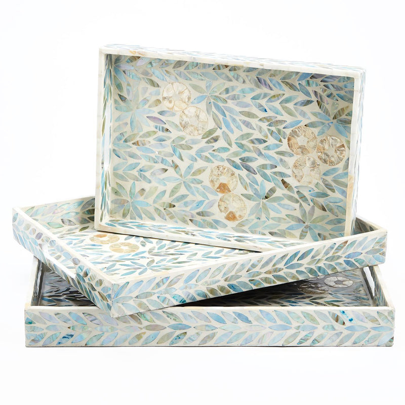 Set of 3 mother-of-pearl lacquered trays with blue/cream floral leaf pattern
