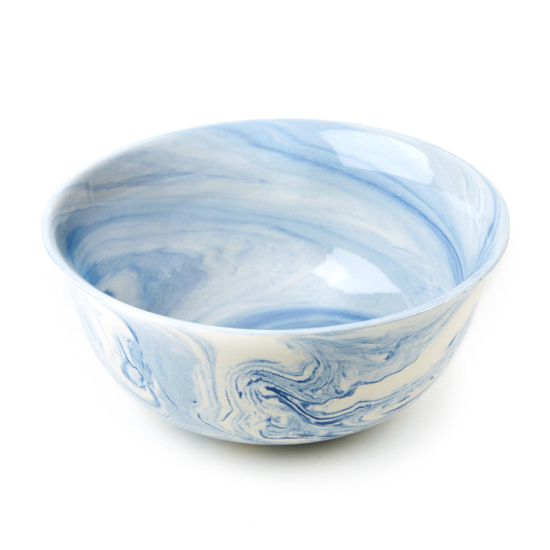 Blue flared ceramic bowl with marbled white and light-blue swirls