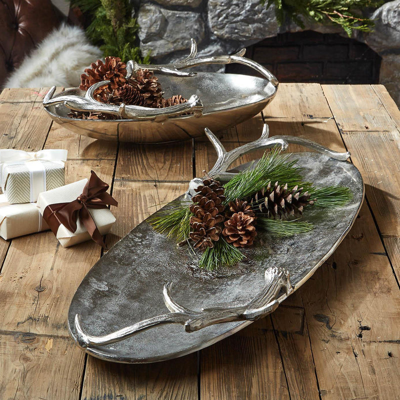 Set of 2 silvertone aluminum antler decorative trays with raised antler handles