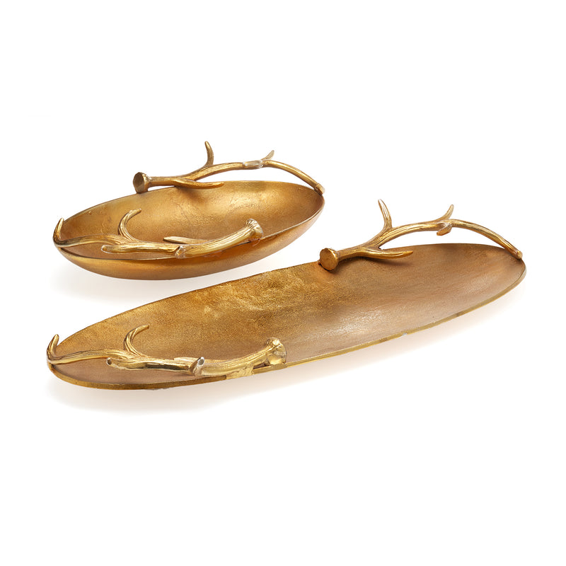 Set of 2 gold-hued antler-shaped aluminum decorative trays with raised antler details