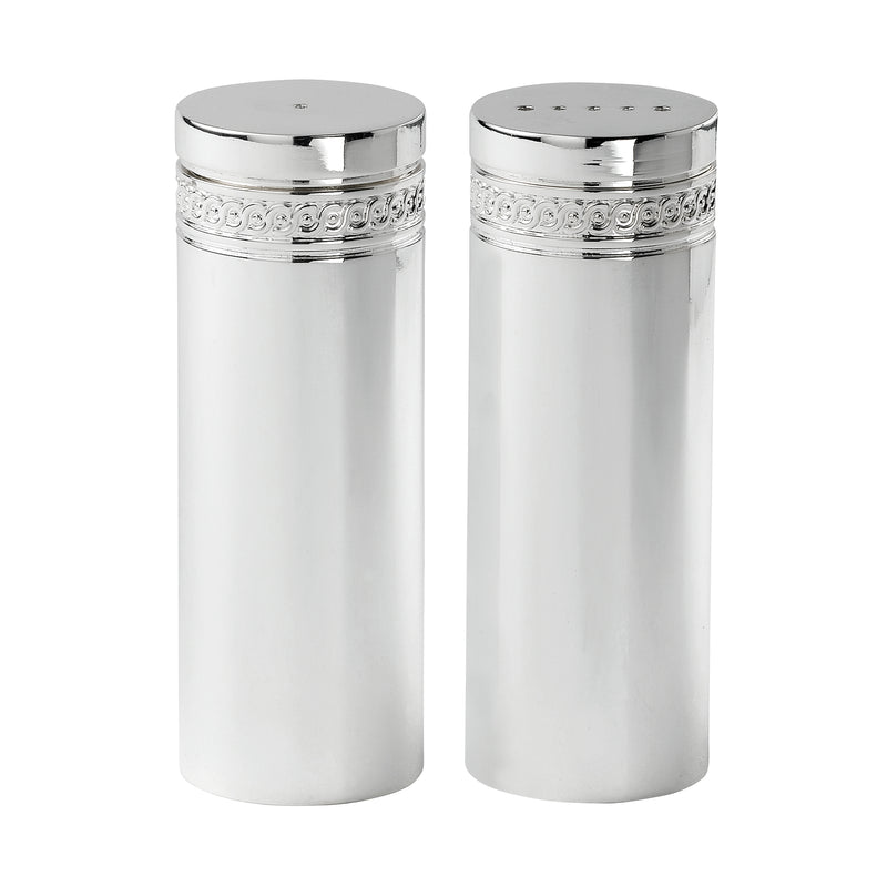 Wedgwood Simply Wish salt and pepper shaker set, silver-tone metal with embossed bands