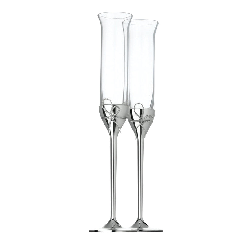 Silver Love Knots toasting flutes set with two clear glass champagne glasses