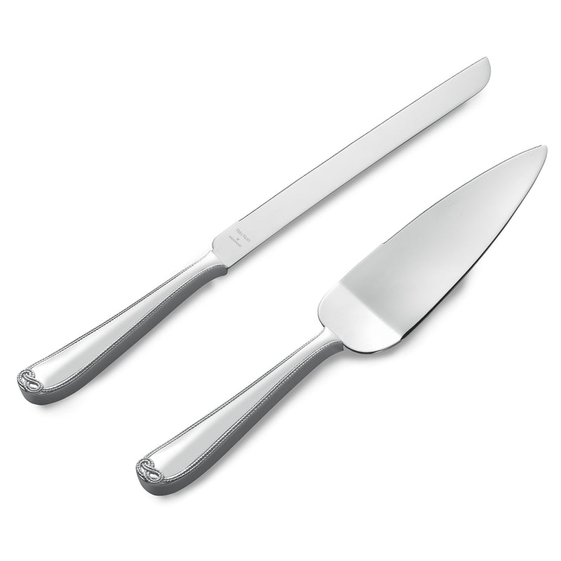 Infinity cake knife and server set with silver blades and patterned gray handles