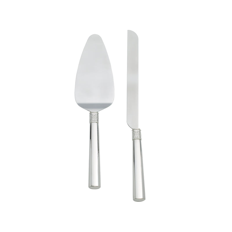 Cake knife and server set with silver-toned handles and decorative band near blade
