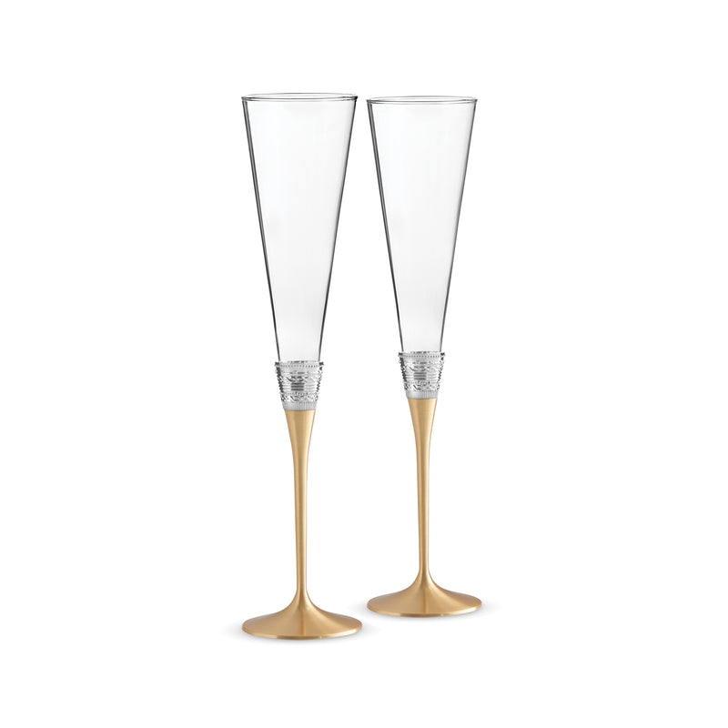 Set of 2 toasting flutes with clear bowls and gold stems
