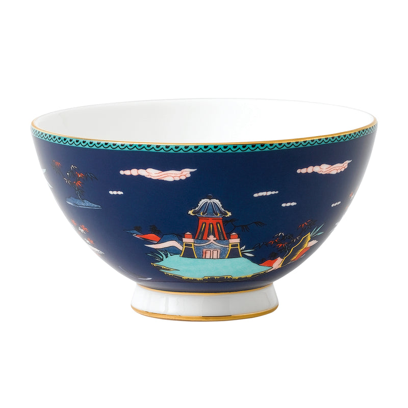 Wedgwood Wonderlust blue pagoda bowl with illustrated scene and white rim, teal border