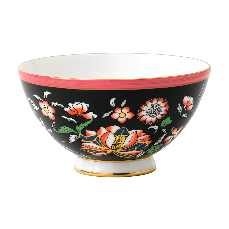 Wedgwood Wonderlust oriental jewel bowl, black with orange floral pattern and gold trim