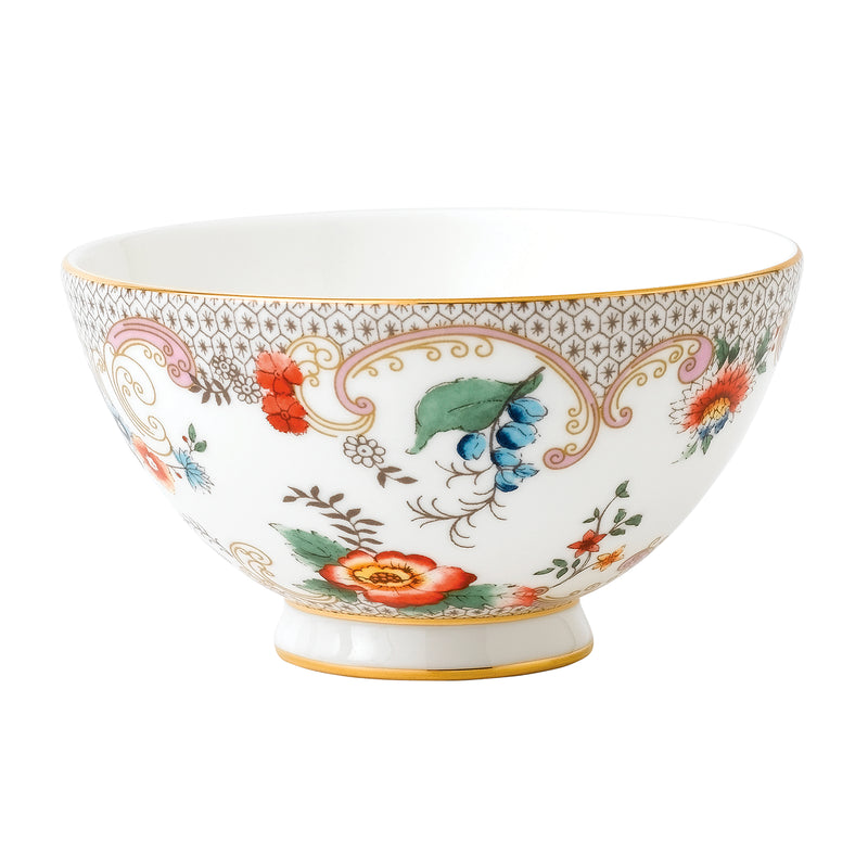 Wedgwood Wonderlust porcelain flower bowl, white with gold rim and Rococo florals