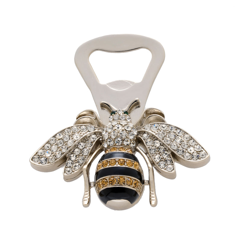 Pave bee bottle opener with rhinestone wings, gold-and-black striped body, silver handle