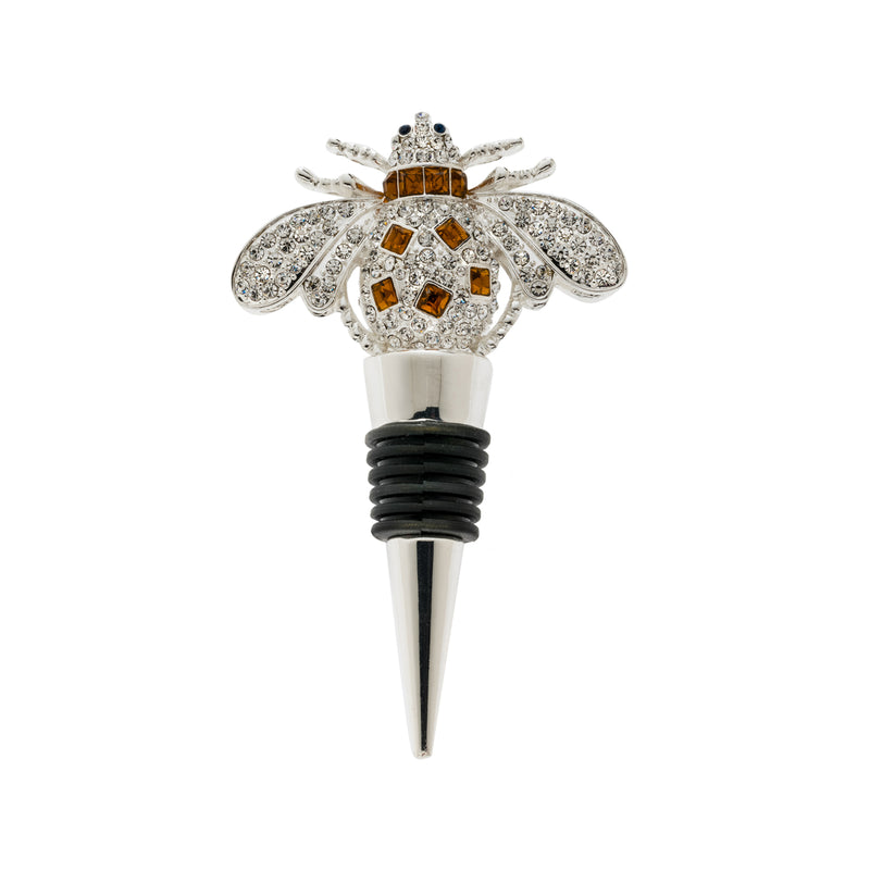 Silver-tone bee bottle stopper with faceted crystal wings and amber accents