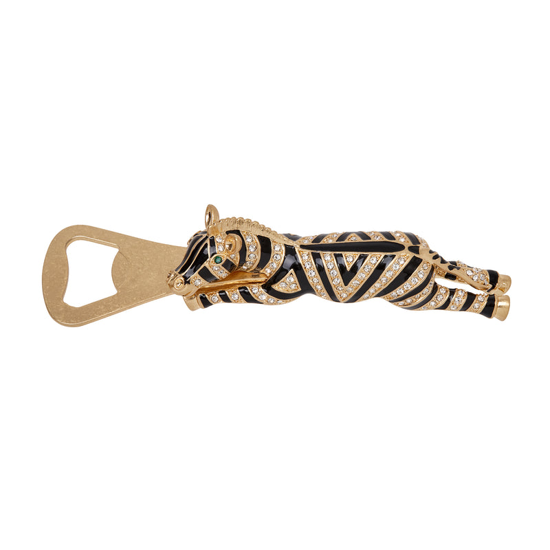 Zebra bottle opener with gold handle, engraved zebra stripes and crystal accents
