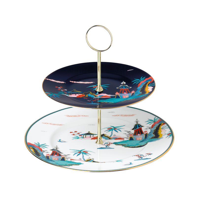 Wedgwood Wonderlust blue pagoda two-tier cake stand with gold center stem