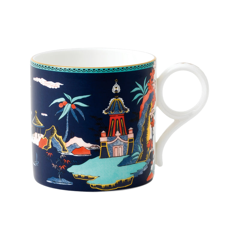 Wedgwood Wonderlust 9-oz blue pagoda mug with multi-color city scene and handle