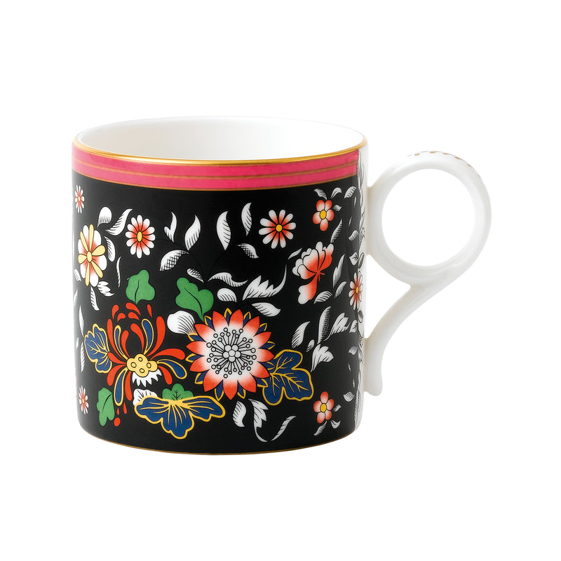 Wedgwood 9-oz mug with black floral Oriental Jewel print and pink rim