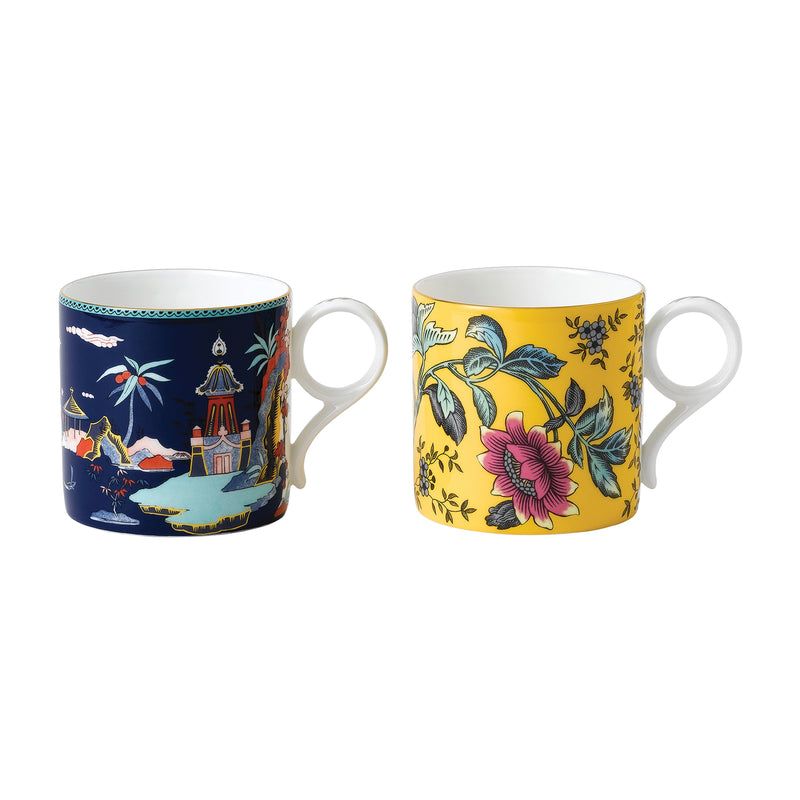 Wedgwood 2-piece mug set with blue pagoda and yellow floral bird designs, white handles