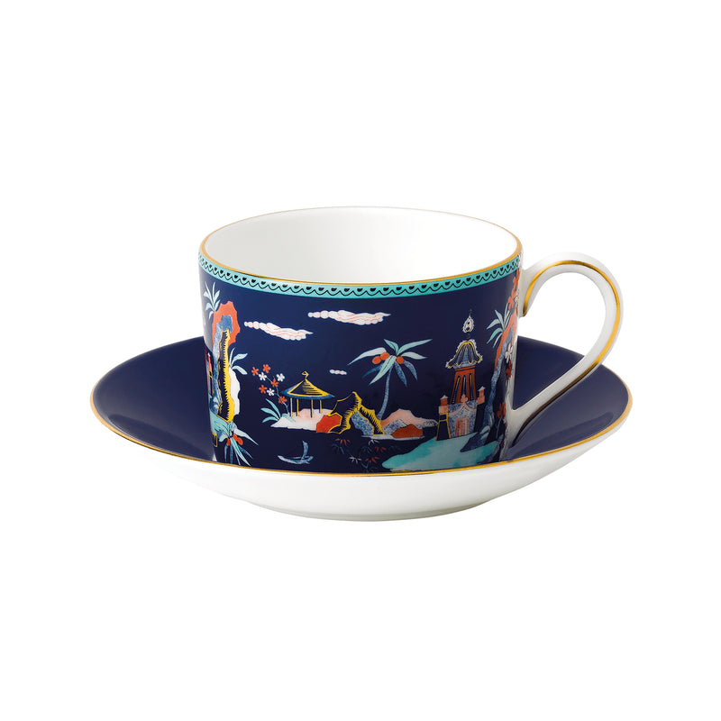 Wedgwood Wonderlust blue pagoda teacup and saucer, scenic detail and gold rim