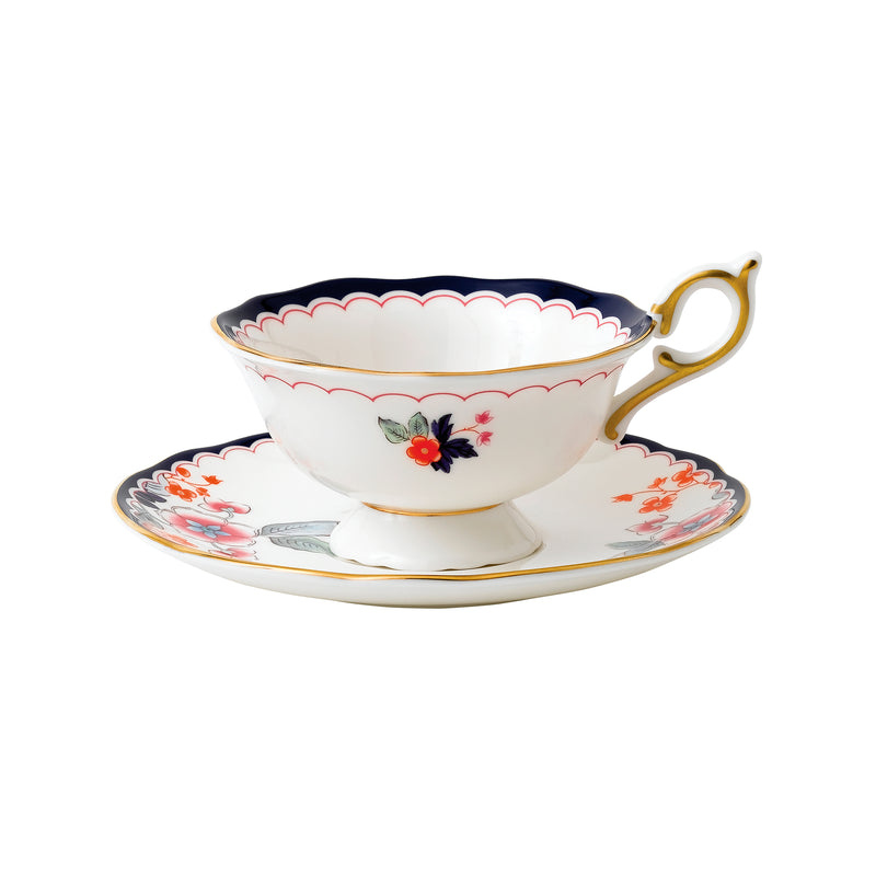 Wedgwood Wonderlust jasmine bloom teacup and saucer set, white porcelain with floral trim