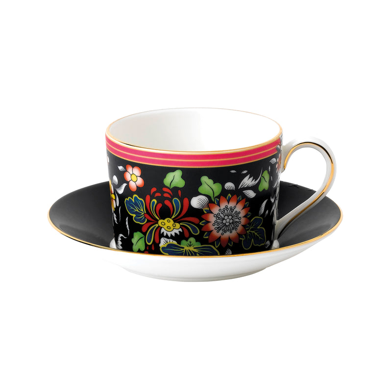 Wedgwood Wonderlust oriental jewel teacup and saucer, black with floral pattern and gold rim