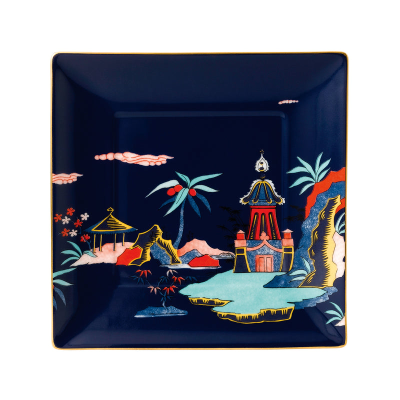 Wedgwood Wonderlust Blue Pagoda tray with colorful Asian village scene illustration