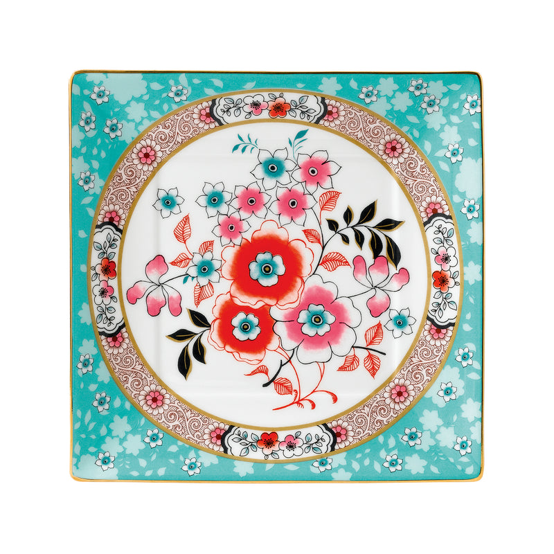 Wedgwood Wonderlust Camellia square tray with turquoise floral pattern and multicolor blossoms