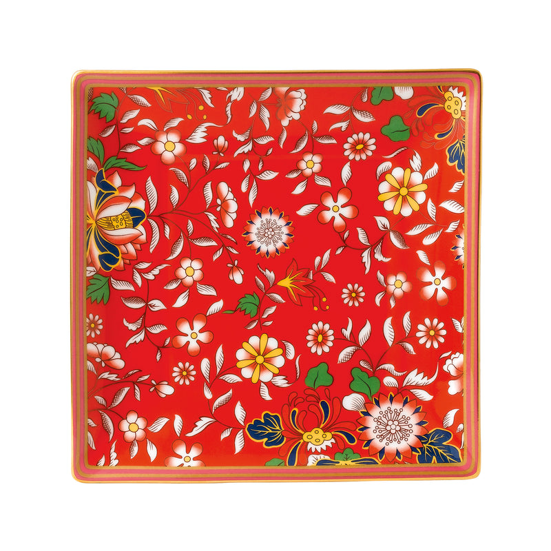 Wedgwood Wonderlust Crimson Jewel Tray—square red floral decorative tray with gold border