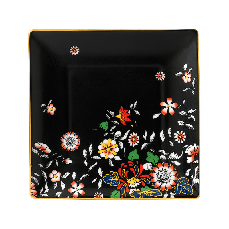 Black square jewel tray with colorful floral and butterfly design, gold trim.