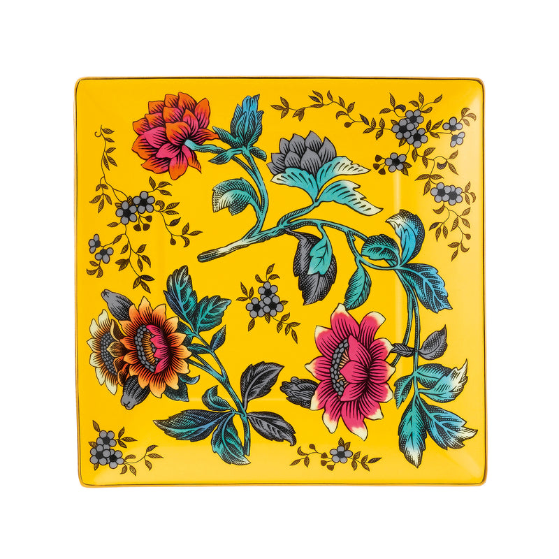 Yellow floral decorative tray with raised edges and illustrated flowers, Wedgwood Wonderlust