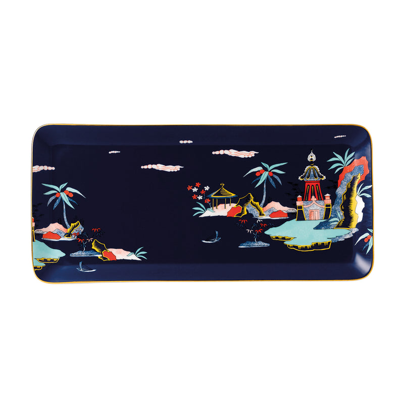 Wedgwood Wonderlust blue pagoda rectangular tray with pagoda and birds illustration