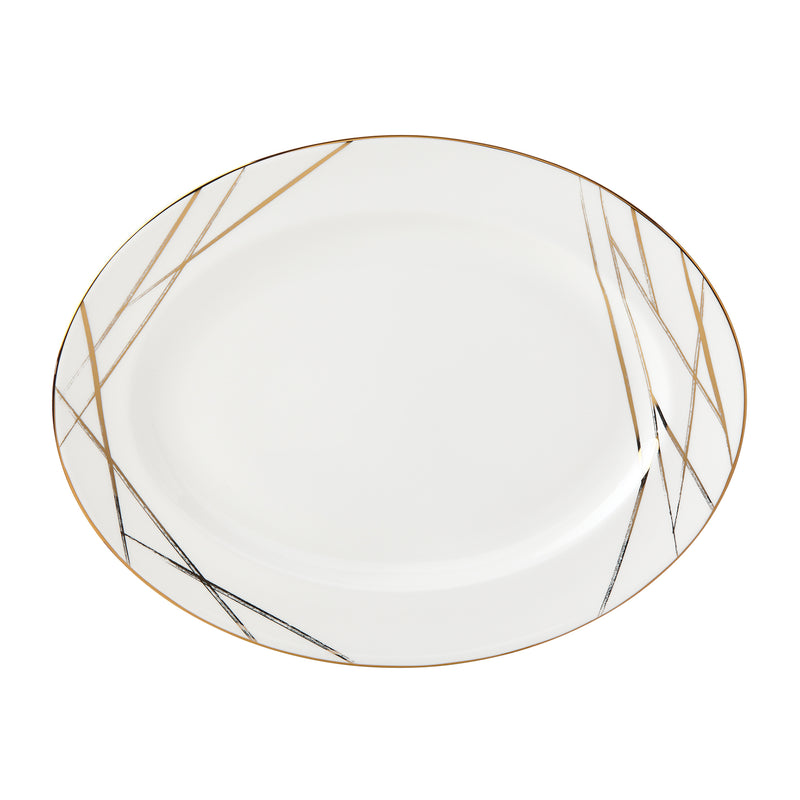 Lenox Abergreen oval platter in white with gold and dark abstract line accents