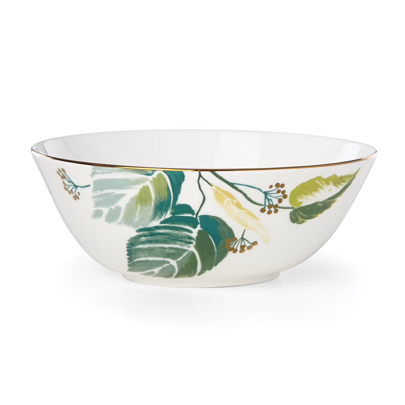 Medium serving bowl with white base, green leaf pattern, and thin gold rim