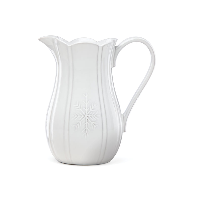 Lenox Alpine carved ceramic pitcher with embossed snowflake design and curved handle