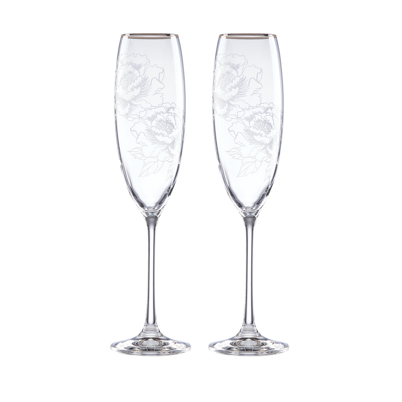 Set of 2 clear glass toasting flutes with silver peony etching and slim tapered bowls