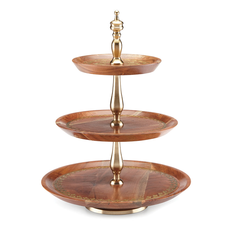 Lenox wooden 3-tier server with three round trays and gold-tone pedestal stand