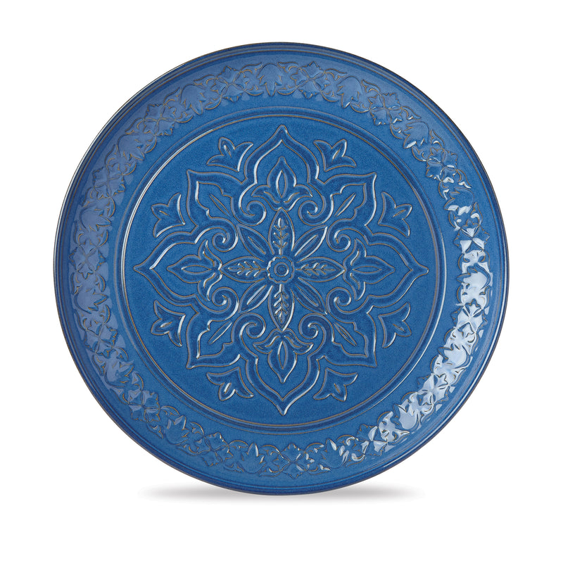 Blue porcelain round serving platter with embossed floral medallion and raised rim
