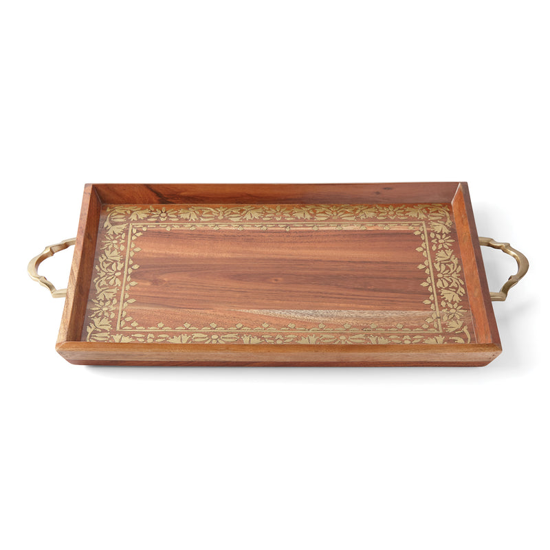 Wooden rectangular serving tray, warm brown with gold tapestry-style border and side handles.