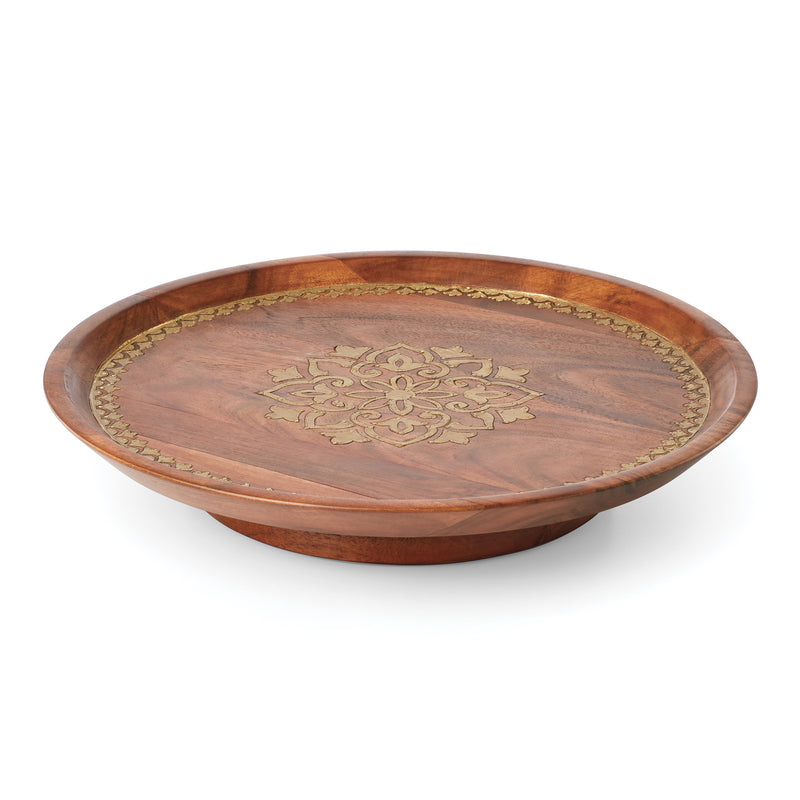 Lenox wooden lazy susan with round wood tray and ornate gold medallion border