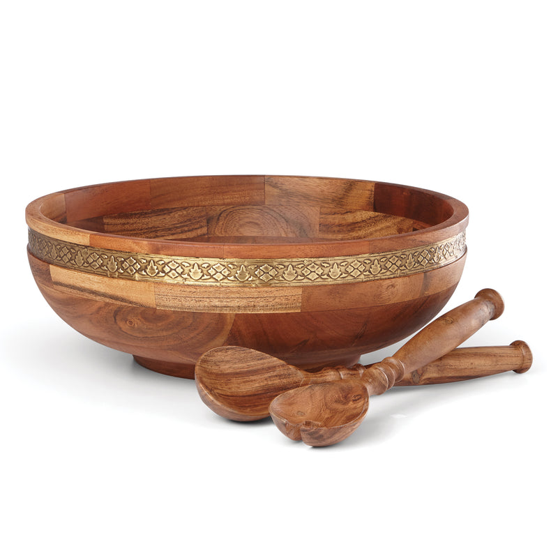 Wooden salad bowl with gold tapestry band and two matching wood servers