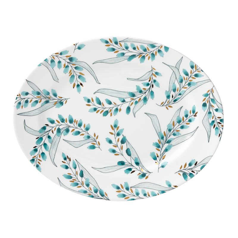 Lenox Goldenrod floral oval platter with teal botanical and bird pattern