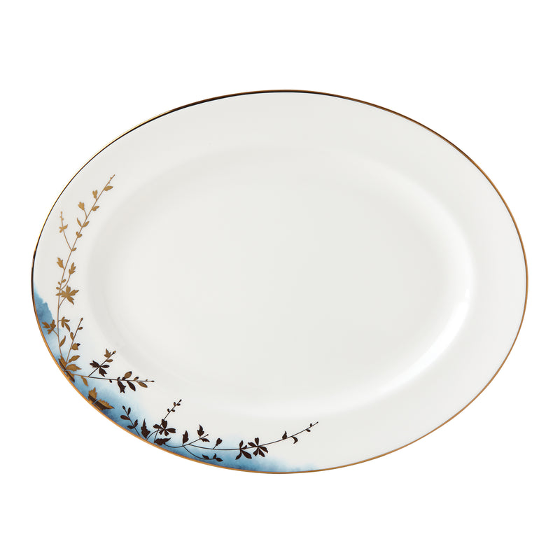 Lenox oval platter with white finish, dark rim, blue-and-brown botanical border