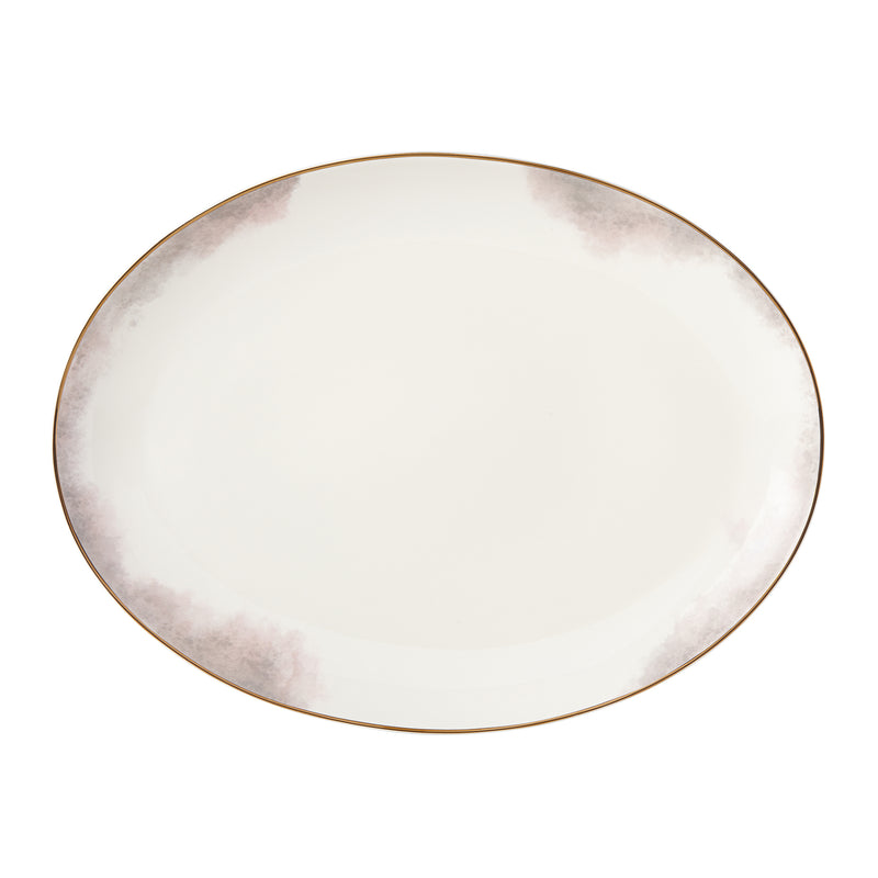 Porcelain oval platter, soft mauve watercolor wash and thin gold rim