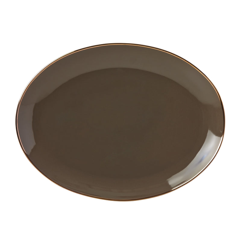 Porcelain oval platter in dark slate gray with slim gold-tone rim