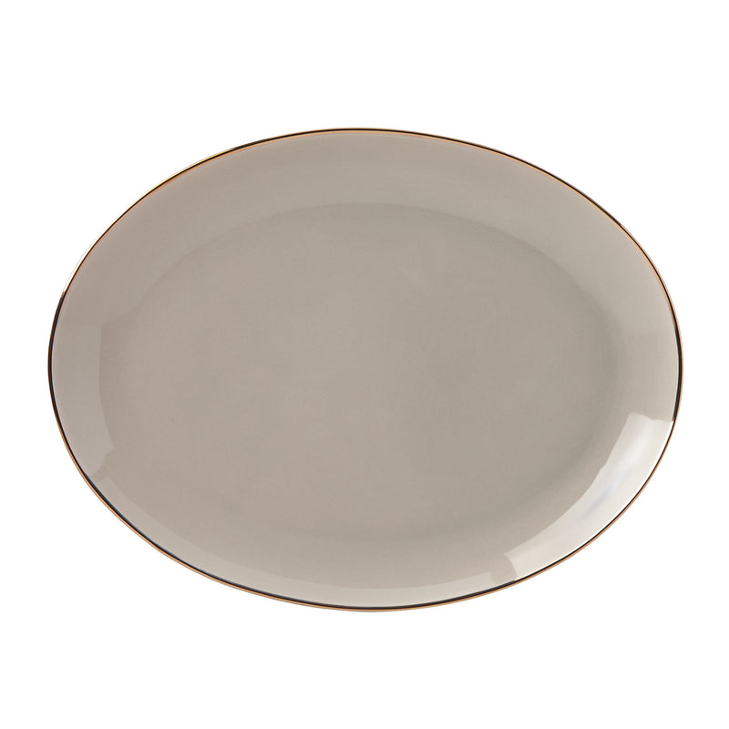 Taupe porcelain oval platter with gold-toned rim